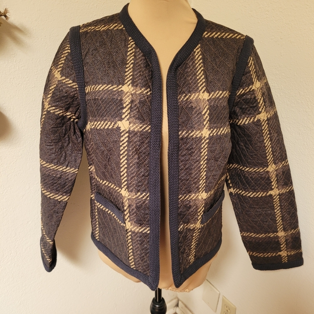 L.L. Bean Black and Cream Plaid Quilted Blazer